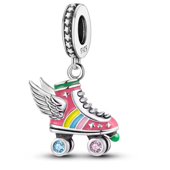 Jewelry - 925 Sterling Silver Colorful Roller Skate Charm Pendant with Wings